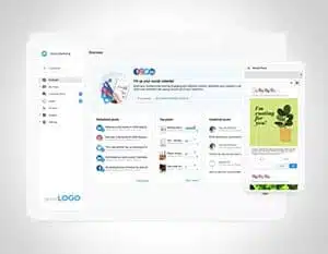 Image of a computer screen and a phone screen with white-label social media management software.