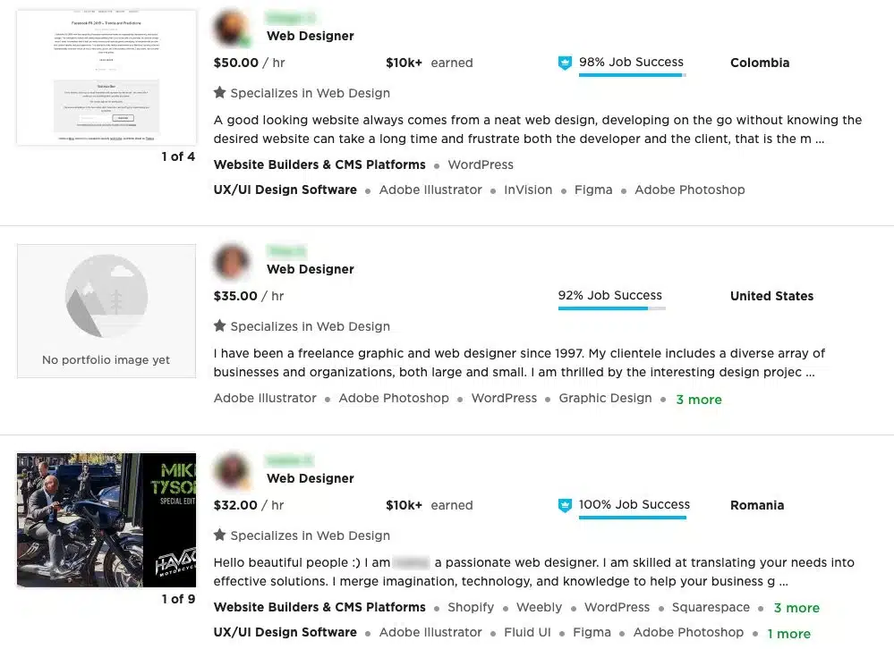 Screenshot of VA listings from popular hiring platform Upwork.