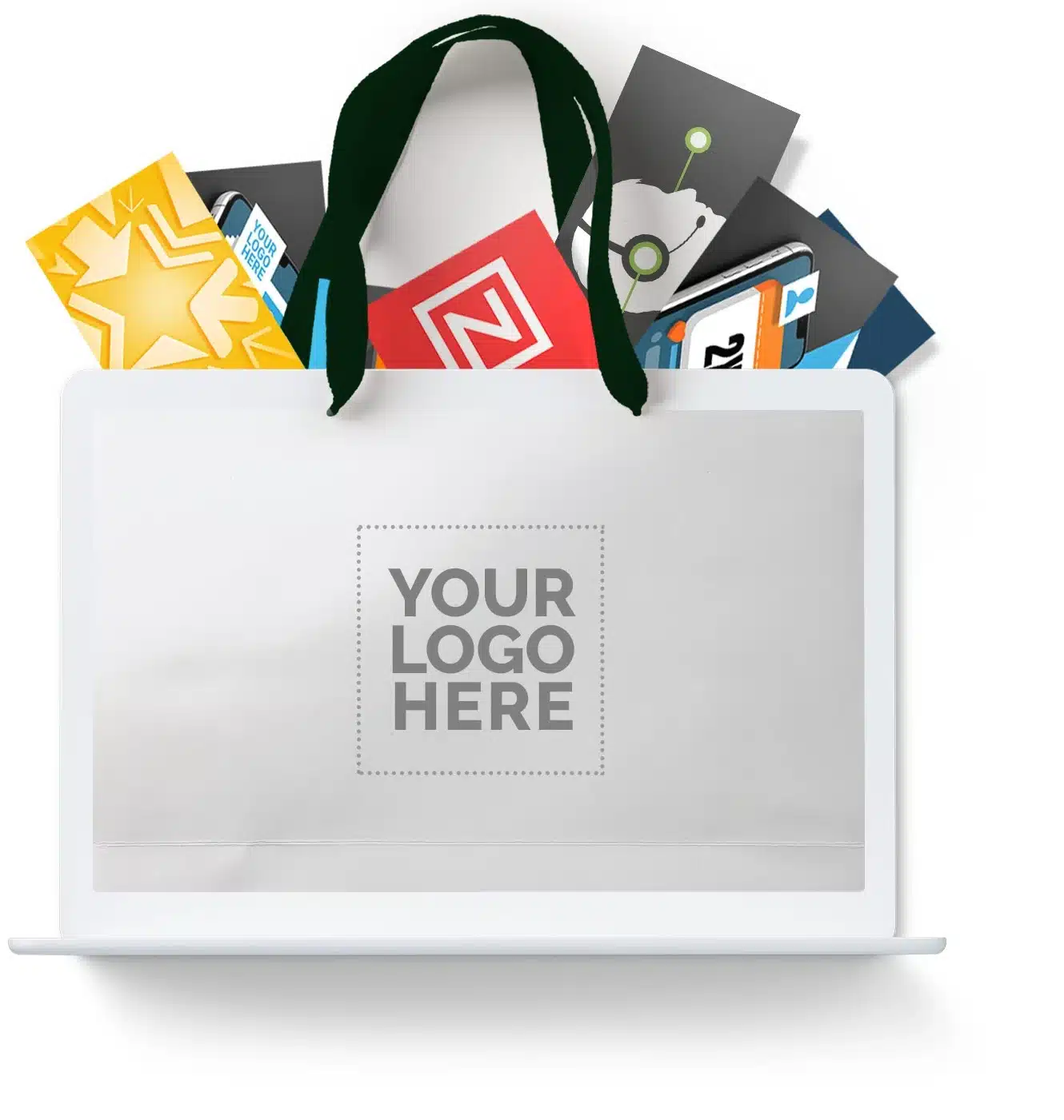 A white-labeled shopping bag filled with software products and marked as “your logo here.”