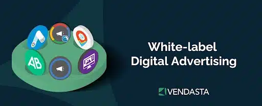 Reselling business ideas 8. A banner with a mix of round tokens representing products to bundle and the words “white-label digital advertising.”